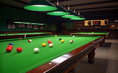 .A dimly lit room with a green Snooker table as the centerpiece. The light is soft and evenly distributed. Creates a soft glow throughout the scene. generate ai	

