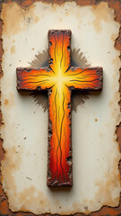 A rustic wooden cross with a sunburst design on a torn piece of parchment-like paper.