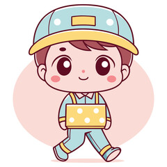 Cute Cartoon Boy in Overalls Walking with Yellow Box on Transparent Background