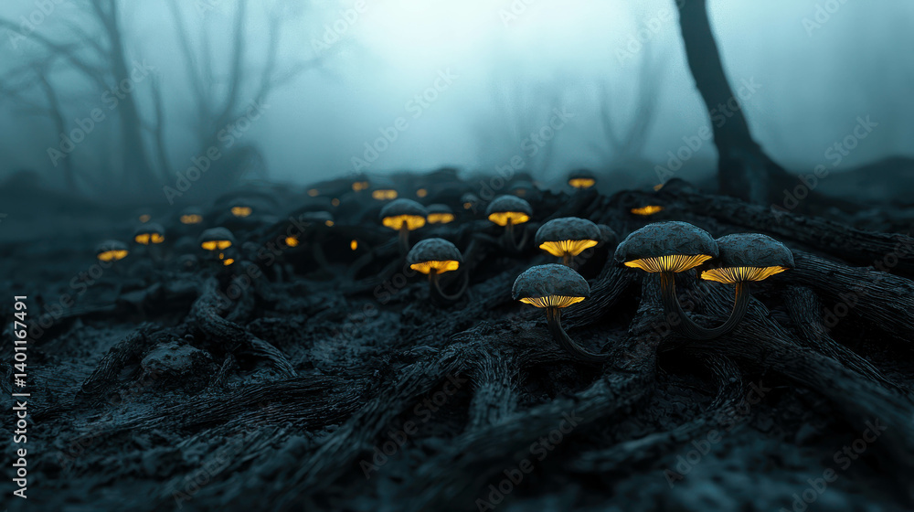 Poster enchanted forest with glowing mushrooms and twisted roots in a misty environment