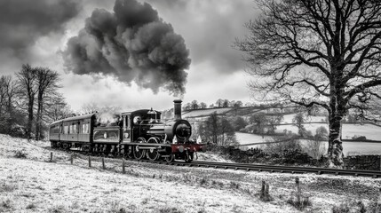 Vintage Steam Train Chugging Through a Winter Landscape with Scenic Hills and Dramatic Clouds in Black and White Photography