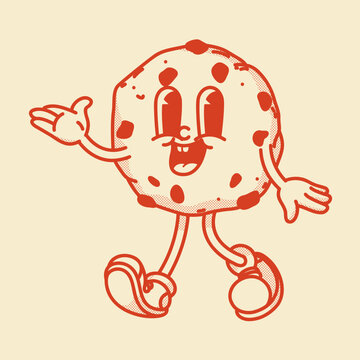 Cheerful cartoon cookie mascot character with pointing hand, friendly smile and cute shoes. Bakery menu symbol