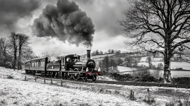 Vintage Steam Train Chugging Through a Winter Landscape with Scenic Hills and Dramatic Clouds in Black and White Photography - Powered by Adobe