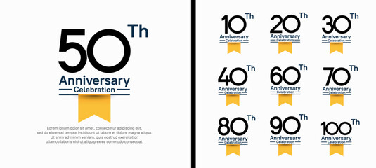 set of anniversary logo style with yellow ribbon. vector design black color for celebration