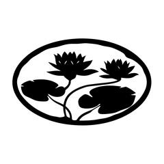 Elegant Black and White Water Lily Pond Illustration Two Blooming Flowers Oval Frame Botanical Design