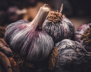 Close-up of raw garlic cloves, showing intricate detail and texture - fresh spicy farming vegetable vegetarian