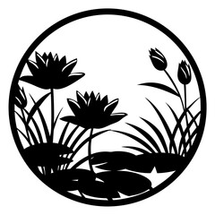 Silhouette of lotus flowers and leaves design- Black silhouette illustration of lotus flowers, buds, and leaves inside a circular frame, representing nature, tranquility, and decorative art
