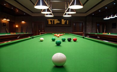 .A dimly lit room with a green Snooker table as the centerpiece. The light is soft and evenly distributed. Creates a soft glow throughout the scene. generate ai	
