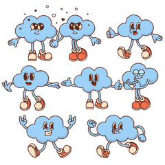Cheerful cloud character retro mascot with smiling face, shoes, hands in rock gesture. Cute weather symbol