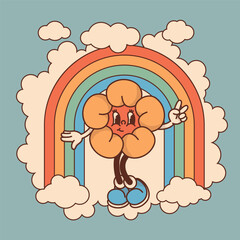Cheerful flower  cloud and rainbow character retro mascot with smiling face and petals. Cute spring or summer symbol