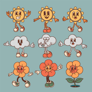 Cheerful flower cloud and sun character retro mascot with smiling face and petals. Cute spring or summer symbol