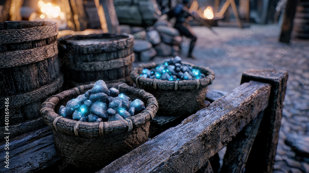 Poster glowing gems in rustic baskets on a cobblestone street in a fantasy setting