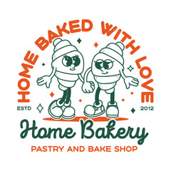 Bakery shop signboard logo template. Retro croissant mascot for promo banner flyer