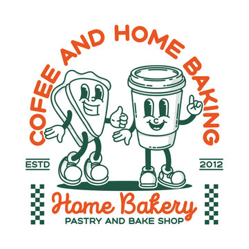 Bakery and coffee shop promo banner flyer logo template. Retro mascot of cake and coffe to go