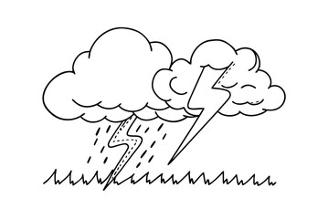 Weather Sketch With Rain Clouds And Lightning Over Grass Doodle Design