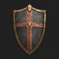Medieval shield with a cross design.  Detailed illustration of a weathered,  protective shield, featuring a large, bold cross pattern. 