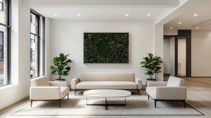 A modern, minimalist living space featuring a green wall, light-colored furniture, and large windows, creating a bright, airy atmosphere.
