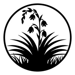 Elegant Black and White Silhouette of a Flower in a Circular Frame Botanical Illustration