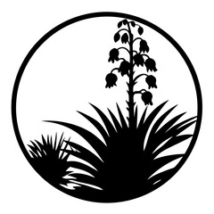 Silhouette of Yucca Plant in a Circular Frame Botanical Illustration Black and White Desert Flora Graphic Design Element Southwest Theme Artistic Rendering Floral Image Nature Artwork