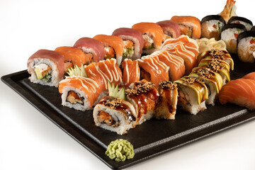 tasty sushi black plate with nigiri, uramaki, roll,  wasabi and ginger on white background, stock
