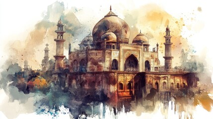Majestic Indian Palace Watercolor Painting - A stunning watercolor painting of a grand palace in India, showcasing intricate details and vibrant colors. Evokes a sense of history and grandeur