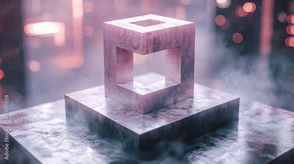 Poster abstract cube structure on platform in a smoky cityscape