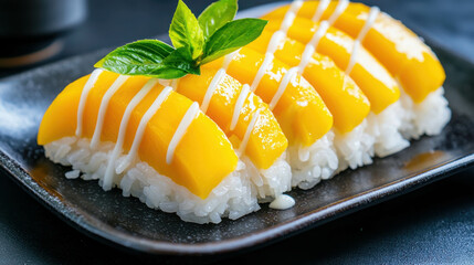 Fresh Mango Sushi with Creamy Drizzle and Basil Garnish on a Black Plate