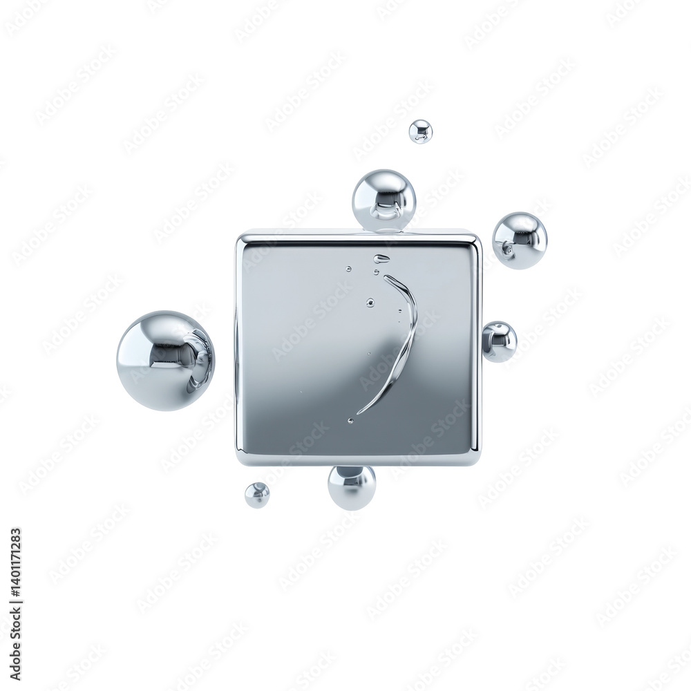 Poster liquid abstract shape: reflective metallic square with floating spheres in minimalist design