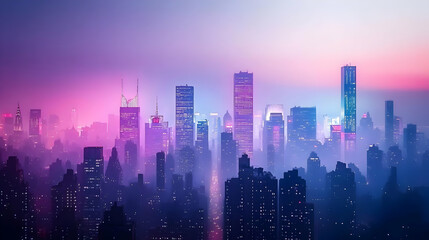 Misty City Skyline At Twilight With Vibrant Neon Lights