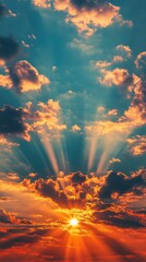 Fototapeta premium Stunning sunset with rays of sunlight breaking through vibrant clouds over the horizon