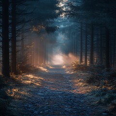 Misty forest trail with sunlight shining through high resolution picture