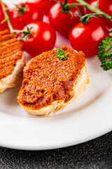 Pepper pate red pepper dip roasted vegetable hummus appetizer vegetables dish fresh gourmet food background on table rustic food top view copy space keto and paleo diet vegetarian and vegan food