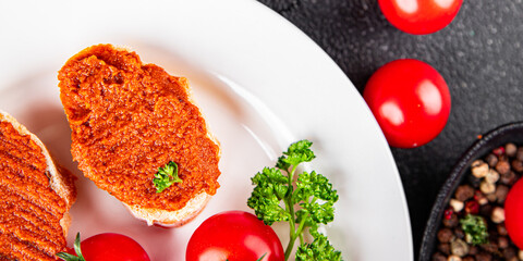 Pepper pate red pepper dip roasted vegetable hummus appetizer vegetables dish fresh gourmet food background on table rustic food top view copy space keto and paleo diet vegetarian and vegan food