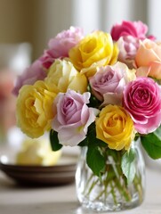 Colorful arrangement of roses in a glass vase indoors