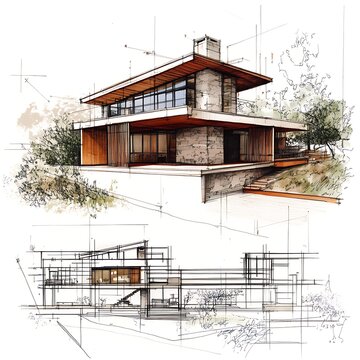 Modern home elevation with precise measurements blueprint high resolution picture