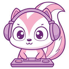 Cartoon Pink Squirrel Wearing Headphones Mixing Sounds On Console Isolated