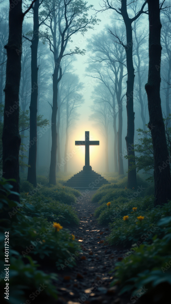 Poster a serene forest scene with a cross marking the center of an illuminated clearing.