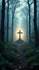A serene forest scene with a cross marking the center of an illuminated clearing.