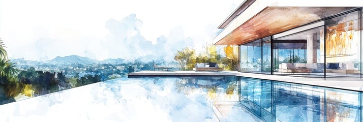 Fototapeta premium Modern Watercolor Villa with Panoramic View - Luxurious waterfront home, expansive pool, scenic vista, glass walls, modern architecture. Symbolizing: opulence, serenity, escape, luxury, tranquility