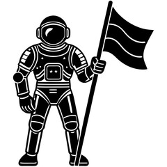 Line art vector silhouette of an astronaut holding a flag, with the flag standing upright