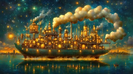 Obraz premium Floating city of steam and stars