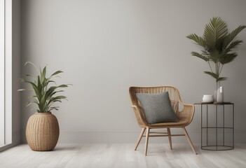 empty mockup wicker rendering background vertical plaid interior wall plant 3d vase chair space brown fabric template painting light decor drawing summer spring home picture neutral room realistic