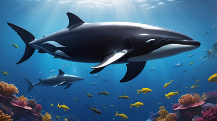 Fototapeta premium false killer whale A sleek false killer whale slices through the deep blue of the open ocean ai