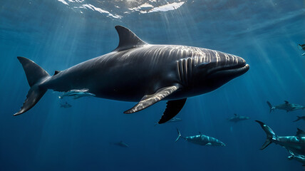 Naklejka premium false killer whale A sleek false killer whale slices through the deep blue of the open ocean ai