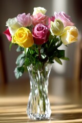 Fototapeta premium Colorful bouquet of roses in a glass vase