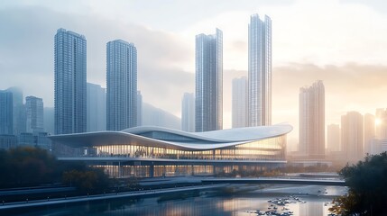 Obraz premium Modern skyline illuminated above still river high resolution picture