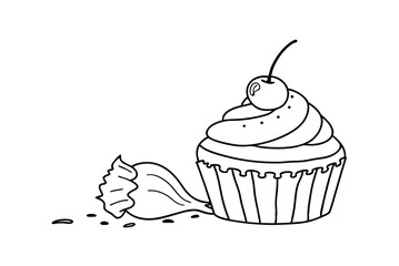 Black And White Line Art Illustration Of Cupcake With Cherry Topping And Wrapper