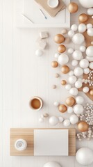 Bright and minimalist workspace featuring artistic decorative elements, wooden table, and a cup of coffee, perfect for inspiration and creativity