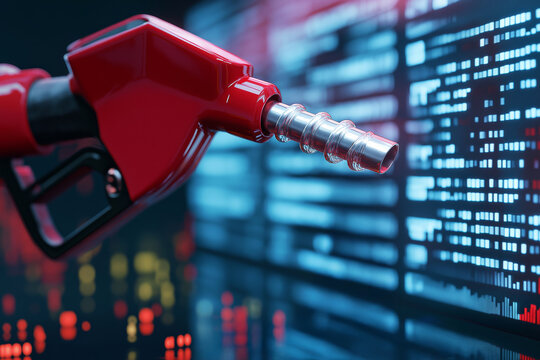 Close-up of a red fuel pump nozzle with a digital financial data display in the background, symbolizing energy, fuel prices, and market dynamics
