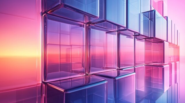A colorful wall of cubes with a pink and purple background